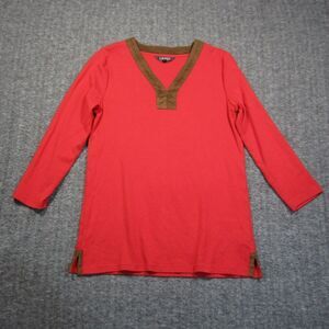 Lauren Ralph Lauren Tunic Blouse L Red‎ Faux Suede V Neck 3/4 Sleeve Side Slits